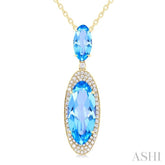 18x8 MM & 10x5 MM Oval Cut Blue Topaz and 1/3 Ctw Round Cut Diamond Halo Semi-Precious Pendant With Chain in 14K Yellow Gold